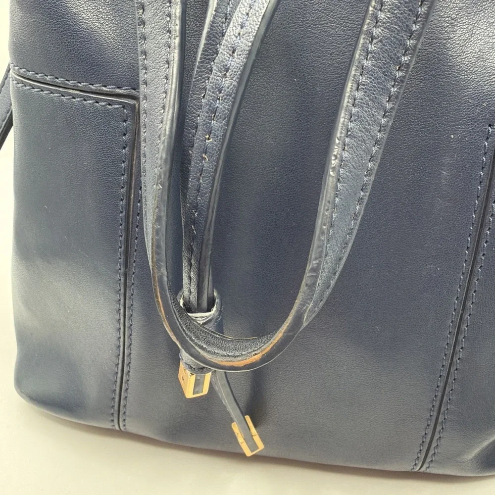 Tory Burch Block T Small Navy Blue Leather Bucket Bag Drawstring Closure
